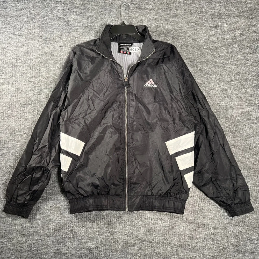 Vintage Adidas Windbreaker Jacket Small Black White 90s Full Zip Hooded